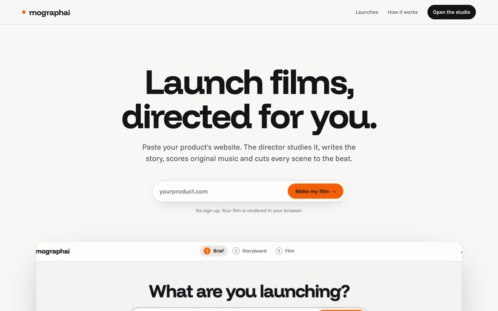 MographAI home page: Launch films, directed for you, with a field to paste your product’s website