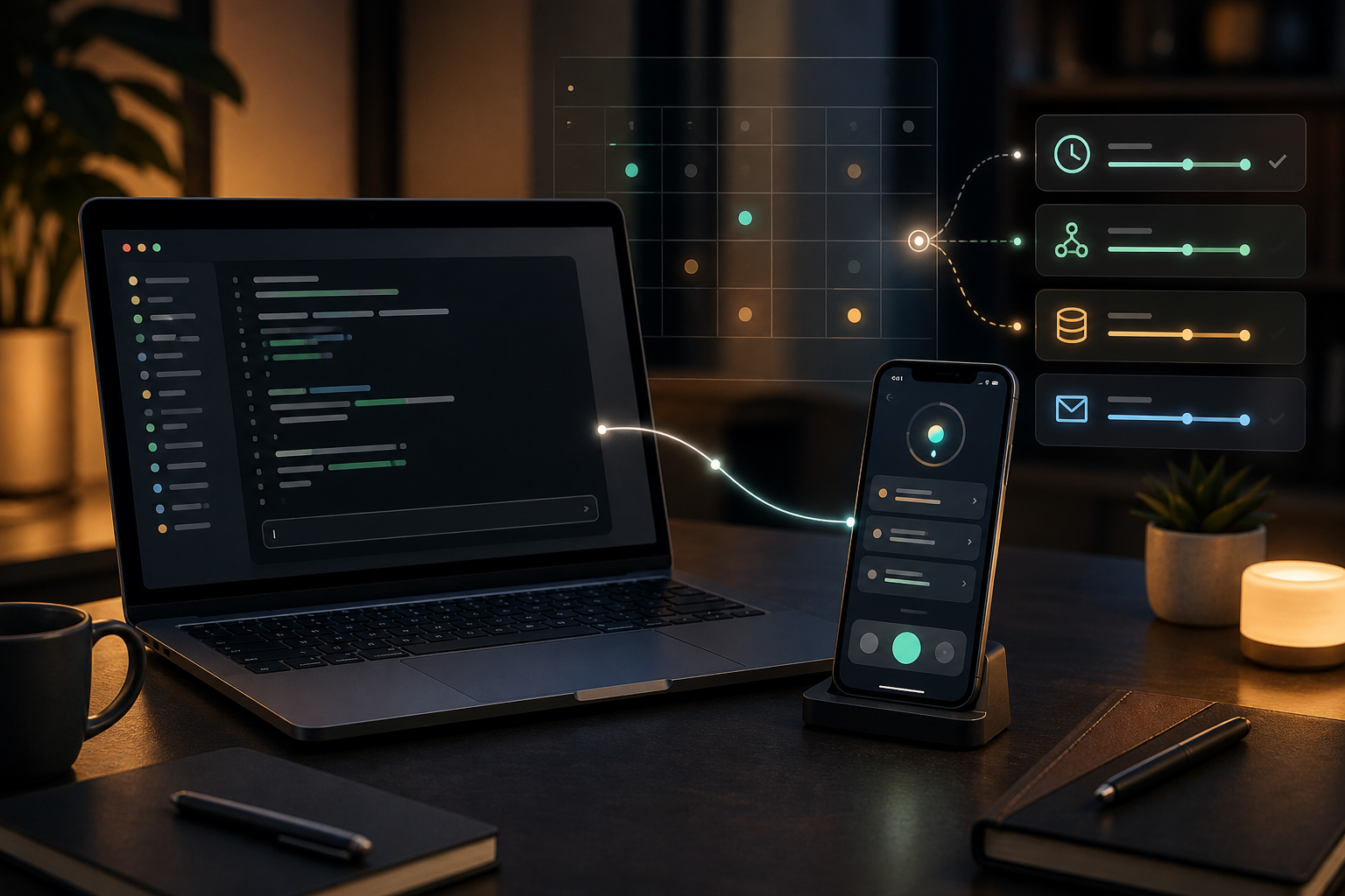 An abstract laptop and phone setup showing a local AI session controlled remotely while scheduled automations run in the background