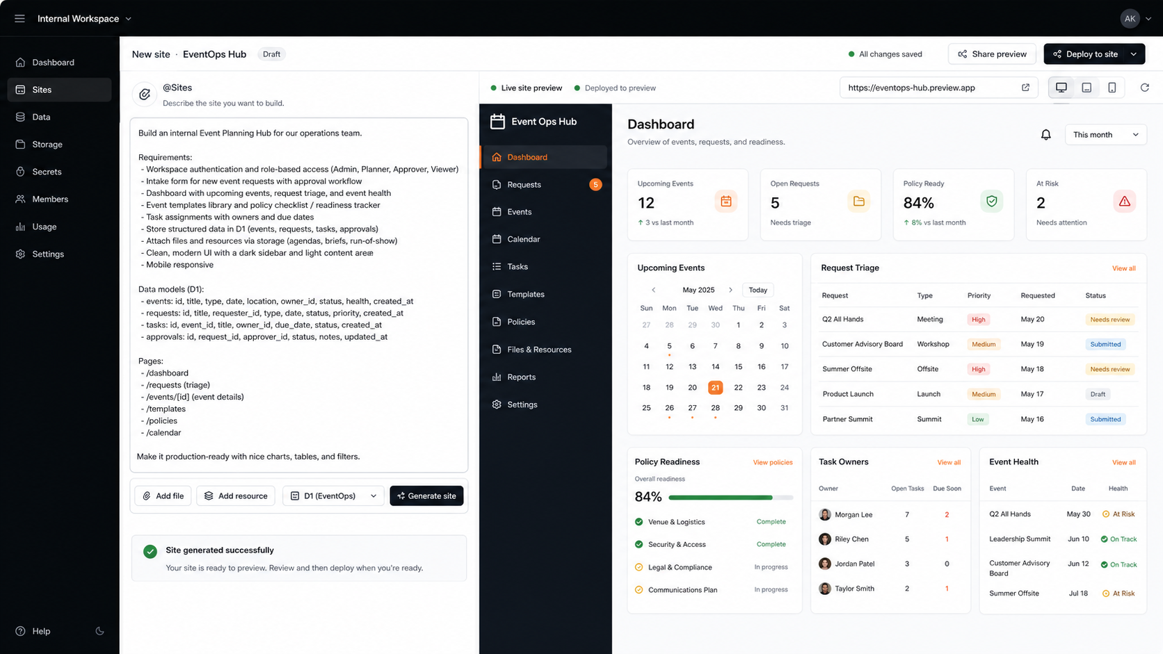 Codex Sites prompt shot for an event operations hub with intake, calendar, readiness, and task sections
