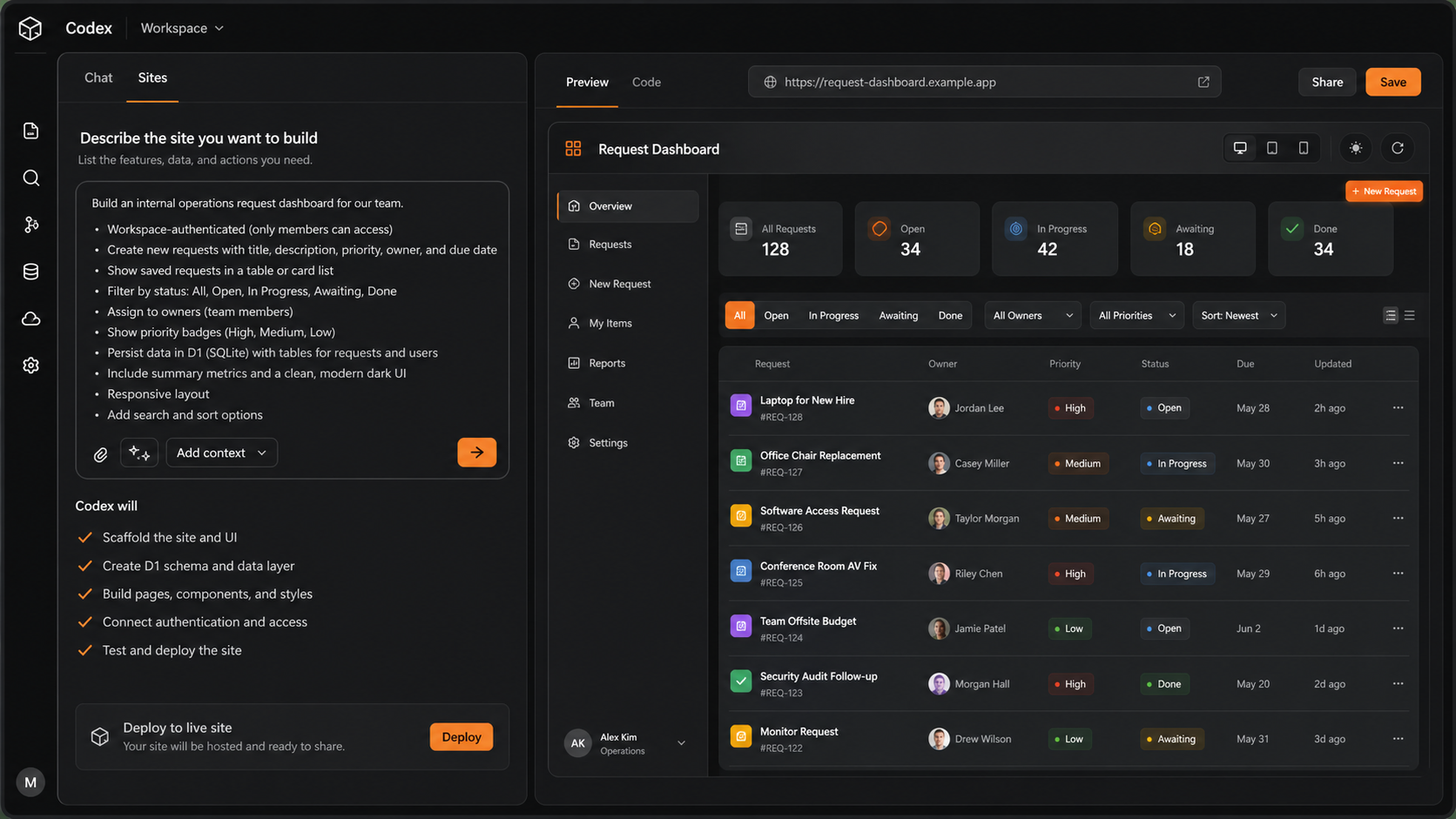 Codex Sites prompt shot for a request dashboard with a generated internal operations app preview