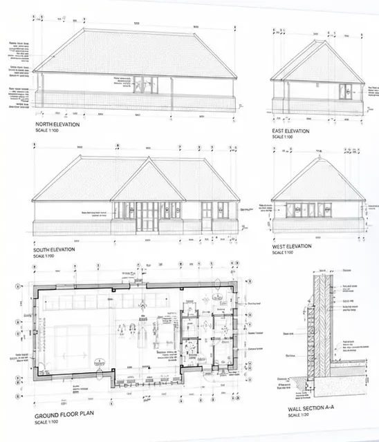 North, east, south and west elevations, a ground floor plan and wall section A-A for a single-storey house
